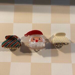 Set of 3 Christmas Holiday Hair Clips - Santa, Green Red Stripes, Pearls NWOT